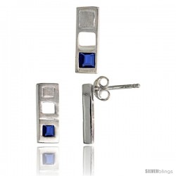 Sterling Silver Matte-finish Bar Earrings (12mm tall) & Pendant Slide (14mm tall) Set, w/ Princess Cut Blue Sapphire-colored CZ