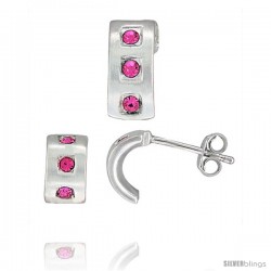 Sterling Silver Matte-finish Half Hoop Earrings (9mm tall) & Pendant Slide (12mm tall) Set, w/ Pink Tourmaline-colored