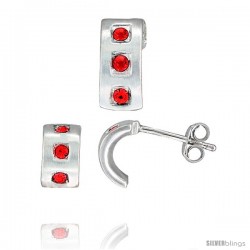 Sterling Silver Matte-finish Half Hoop Earrings (9mm tall) & Pendant Slide (12mm tall) Set, w/ Ruby-colored Brilliant Cut CZ