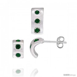 Sterling Silver Matte-finish Half Hoop Earrings (9mm tall) & Pendant Slide (12mm tall) Set, w/ Emerald-colored Brilliant Cut CZ