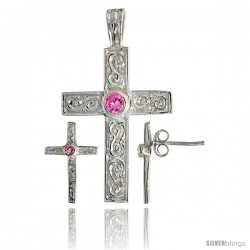 Sterling Silver Swirl-designed Latin Cross Earrings (16mm tall) & Pendant (28mm tall) Set, w/ Bezel Set Brilliant Cut Pink