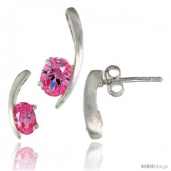 Sterling Silver Fancy Kink Earrings (12mm tall) & Pendant (16mm tall) Set, w/ Oval Cut Pink Tourmaline-colored CZ Stones