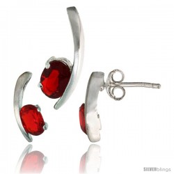 Sterling Silver Fancy Kink Earrings (12mm tall) & Pendant (16mm tall) Set, w/ Oval Cut Ruby-colored CZ Stones