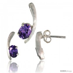 Sterling Silver Fancy Kink Earrings (12mm tall) & Pendant (16mm tall) Set, w/ Oval Cut Amethyst-colored CZ Stones