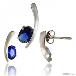 Sterling Silver Fancy Kink Earrings (12mm tall) & Pendant (16mm tall) Set, w/ Oval Cut Blue Sapphire-colored CZ Stones