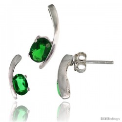 Sterling Silver Fancy Kink Earrings (12mm tall) & Pendant (16mm tall) Set, w/ Oval Cut Emerald-colored CZ Stones