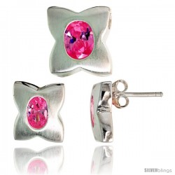 Sterling Silver Matte-finish Four-finger Clover Flower Earrings (12mm tall) & Pendant Slide (13mm tall) Set, w/ Oval Cut Pink