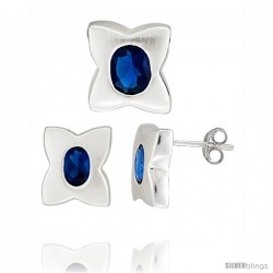 Sterling Silver Matte-finish Four-finger Clover Flower Earrings (12mm tall) & Pendant Slide (13mm tall) Set, w/ Oval Cut Blue