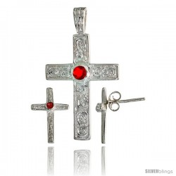 Sterling Silver Swirl-designed Latin Cross Earrings (16mm tall) & Pendant (28mm tall) Set, w/ Bezel Set Brilliant Cut