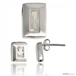 Sterling Silver Matte-finish Rectangular Earrings (9mm tall) & Pendant Slide (14mm tall) Set, w/ Emerald Cut CZ Stones