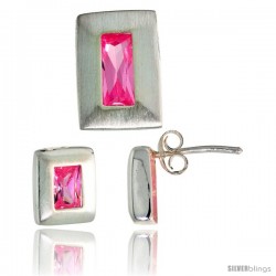 Sterling Silver Matte-finish Rectangular Earrings (9mm tall) & Pendant Slide (14mm tall) Set, w/ Emerald Cut Pink