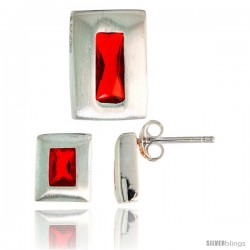 Sterling Silver Matte-finish Rectangular Earrings (9mm tall) & Pendant Slide (14mm tall) Set, w/ Emerald Cut Ruby-colored CZ