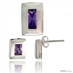 Sterling Silver Matte-finish Rectangular Earrings (9mm tall) & Pendant Slide (14mm tall) Set, w/ Emerald Cut Amethyst-colored