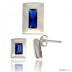 Sterling Silver Matte-finish Rectangular Earrings (9mm tall) & Pendant Slide (14mm tall) Set, w/ Emerald Cut Blue