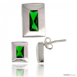 Sterling Silver Matte-finish Rectangular Earrings (9mm tall) & Pendant Slide (14mm tall) Set, w/ Emerald Cut Emerald-colored CZ