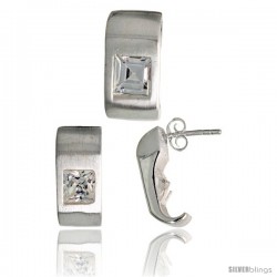 Sterling Silver Matte-finish Fancy Earrings (16mm tall) & Pendant Slide (17mm tall) Set, w/ Princess Cut CZ Stones