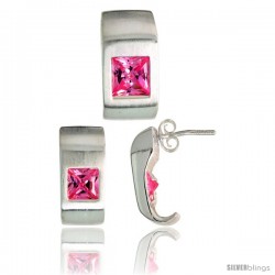 Sterling Silver Matte-finish Fancy Earrings (16mm tall) & Pendant Slide (17mm tall) Set, w/ Princess Cut Pink