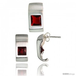 Sterling Silver Matte-finish Fancy Earrings (16mm tall) & Pendant Slide (17mm tall) Set, w/ Princess Cut Ruby-colored CZ Stones