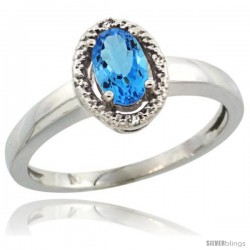 Sterling Silver Diamond Halo Natural Swiss Blue Topaz Ring 0.75 Carat Oval Shape 6X4 mm, 3/8 in (9mm) wide