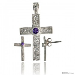 Sterling Silver Swirl-designed Latin Cross Earrings (16mm tall) & Pendant (28mm tall) Set, w/ Bezel Set Bril -Style Set4