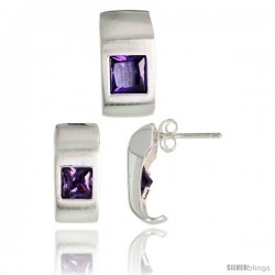 Sterling Silver Matte-finish Fancy Earrings (16mm tall) & Pendant Slide (17mm tall) Set, w/ Princess Cut Amethyst-colored CZ