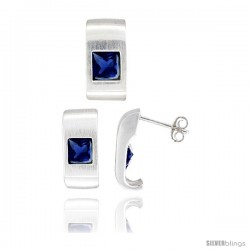 Sterling Silver Matte-finish Fancy Earrings (16mm tall) & Pendant Slide (17mm tall) Set, w/ Princess Cut Blue Sapphire-colored