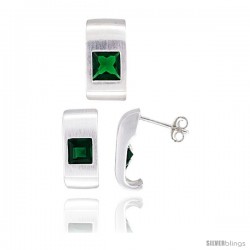 Sterling Silver Matte-finish Fancy Earrings (16mm tall) & Pendant Slide (17mm tall) Set, w/ Princess Cut Emerald-colored CZ