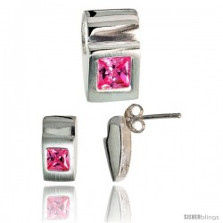 Sterling Silver Matte-finish Fancy Earrings (11mm tall) & Pendant Slide (15mm tall) Set, w/ Princess Cut Pink