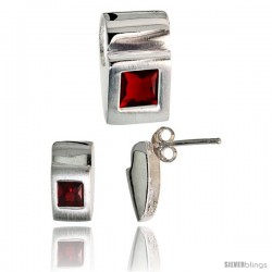 Sterling Silver Matte-finish Fancy Earrings (11mm tall) & Pendant Slide (15mm tall) Set, w/ Princess Cut Ruby-colored CZ Stones