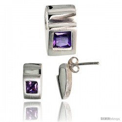 Sterling Silver Matte-finish Fancy Earrings (11mm tall) & Pendant Slide (15mm tall) Set, w/ Princess Cut Amethyst-colored CZ