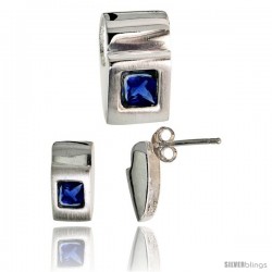 Sterling Silver Matte-finish Fancy Earrings (11mm tall) & Pendant Slide (15mm tall) Set, w/ Princess Cut Blue Sapphire-colored