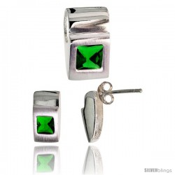 Sterling Silver Matte-finish Fancy Earrings (11mm tall) & Pendant Slide (15mm tall) Set, w/ Princess Cut Emerald-colored CZ