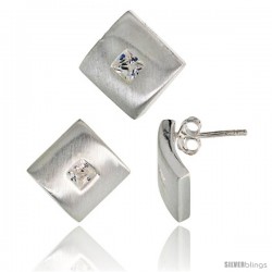 Sterling Silver Matte-finish Square-shaped Earrings (15mm tall) & Pendant Slide (15mm tall) Set, w/ Princess Cut CZ Stones