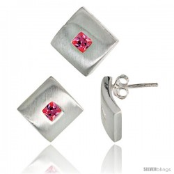 Sterling Silver Matte-finish Square-shaped Earrings (15mm tall) & Pendant Slide (15mm tall) Set, w/ Princess Cut Pink