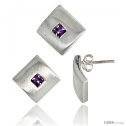 Sterling Silver Matte-finish Square-shaped Earrings (15mm tall) & Pendant Slide (15mm tall) Set, w/ Princess Cut