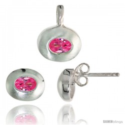 Sterling Silver Matte-finish Oval-shaped Earrings (7mm tall) & Pendant (13mm tall) Set, w/ Oval Cut Pink Tourmaline-colored CZ