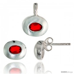 Sterling Silver Matte-finish Oval-shaped Earrings (7mm tall) & Pendant (13mm tall) Set, w/ Oval Cut Ruby-colored CZ Stones