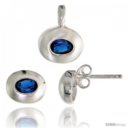 Sterling Silver Matte-finish Oval-shaped Earrings (7mm tall) & Pendant (13mm tall) Set, w/ Oval Cut Blue Sapphire-colored CZ