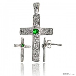 Sterling Silver Swirl-designed Latin Cross Earrings (16mm tall) & Pendant (28mm tall) Set, w/ Bezel Set Bril -Style Set6