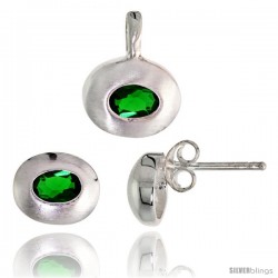 Sterling Silver Matte-finish Oval-shaped Earrings (7mm tall) & Pendant (13mm tall) Set, w/ Oval Cut Emerald-colored CZ Stones