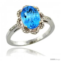 Sterling Silver Diamond Halo Natural Swiss Blue Topaz Ring 1.65 Carat Oval Shape 9X7 mm, 7/16 in (11mm) wide
