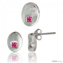 Sterling Silver Matte-finish Oval-shaped Earrings (9mm tall) & Pendant Slide (11mm tall) Set, w/ Princess Cut Pink