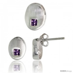 Sterling Silver Matte-finish Oval-shaped Earrings (9mm tall) & Pendant Slide (11mm tall) Set, w/ Princess Cut Amethyst-colored