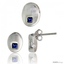 Sterling Silver Matte-finish Oval-shaped Earrings (9mm tall) & Pendant Slide (11mm tall) Set, w/ Princess Cut Blue