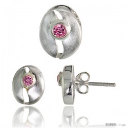 Sterling Silver Matte-finish Cracked Egg Style Earrings (10mm tall) & Pendant Slide (11mm tall) Set, w/ Brilliant Cut Pink