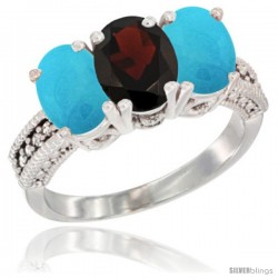 10K White Gold Natural Garnet & Turquoise Ring 3-Stone Oval 7x5 mm Diamond Accent