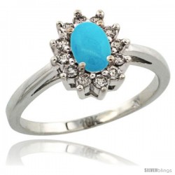 10k White Gold Sleeping Beauty Turquoise Diamond Halo Ring Oval Shape 1.2 Carat 6X4 mm, 1/2 in wide