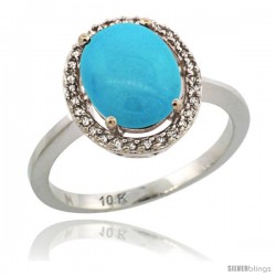 10k White Gold Diamond Sleeping Beauty Turquoise Halo Ring 2.4 carat Oval shape 10X8 mm, 1/2 in (12.5mm) wide