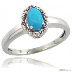 10k White Gold Diamond Halo Sleeping Beauty Turquoise Ring 0.75 Carat Oval Shape 6X4 mm, 3/8 in (9mm) wide