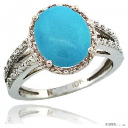 10k White Gold Diamond Halo Sleeping Beauty Turquoise Ring 2.85 Carat Oval Shape 11X9 mm, 7/16 in (11mm) wide